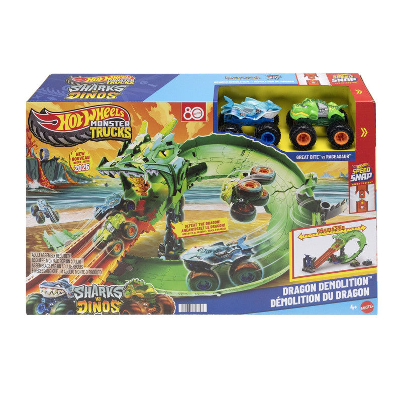 Hot Wheels Monster Trucks Conjunto Destrucción del Dragón Serie Sharks Vs Dinos