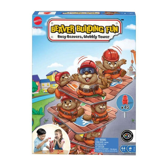 Mattel Games Juego de mesa familiar Castores Constructores, juego de habilidad para construir una torre con fichas y figuras de castores, juguete +6 años