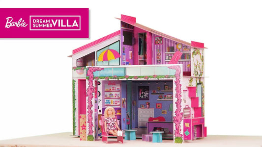 Barbie Casa de muñecas cartón para montar, Villa de verano, Dreamhouse, 2 plantas, Incluye muñeca, Muebles, Instrucciones de montaje, + 4 años, Medidas 79x38x70 cm