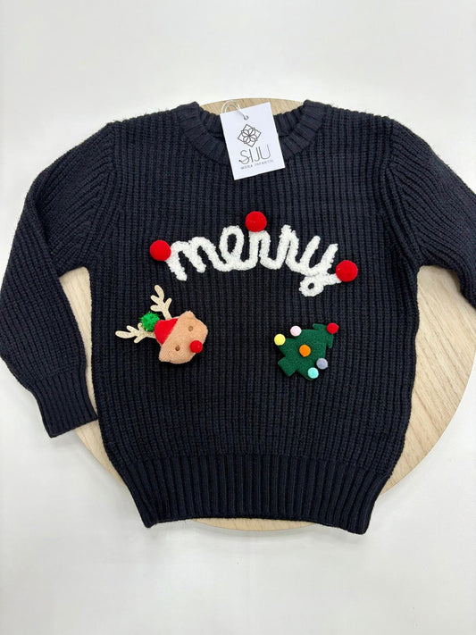 Jersey Navidad Infantil “Merry” Negro | Tallas 2-10 Años