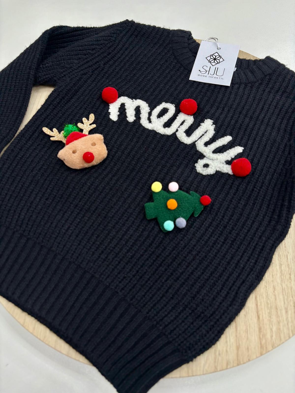 Jersey Navidad Infantil “Merry” Negro | Tallas 2-10 Años
