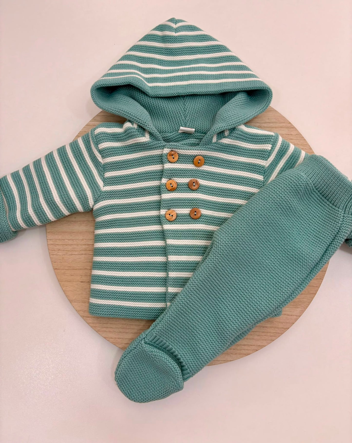 Conjunto de Punto Rayas San Francisco Verde Mint para Bebé con Capucha y Polaina | Siju Moda Infantil