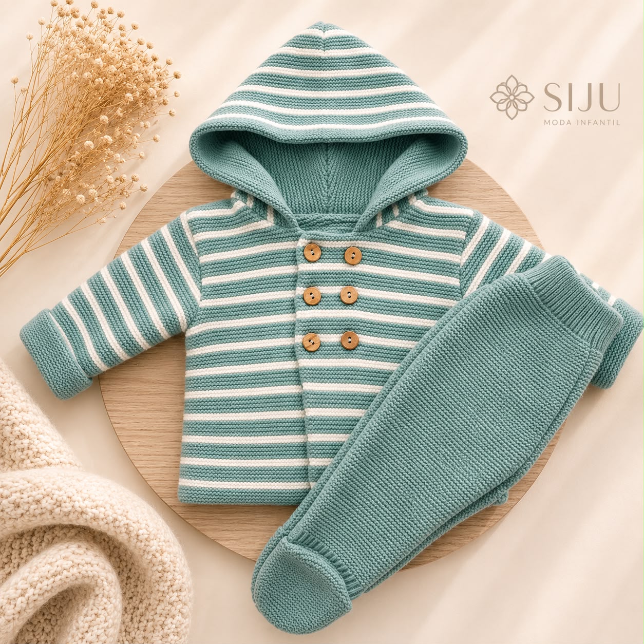 Conjunto de Punto Rayas San Francisco Verde Mint para Bebé con Capucha y Polaina | Siju Moda Infantil
