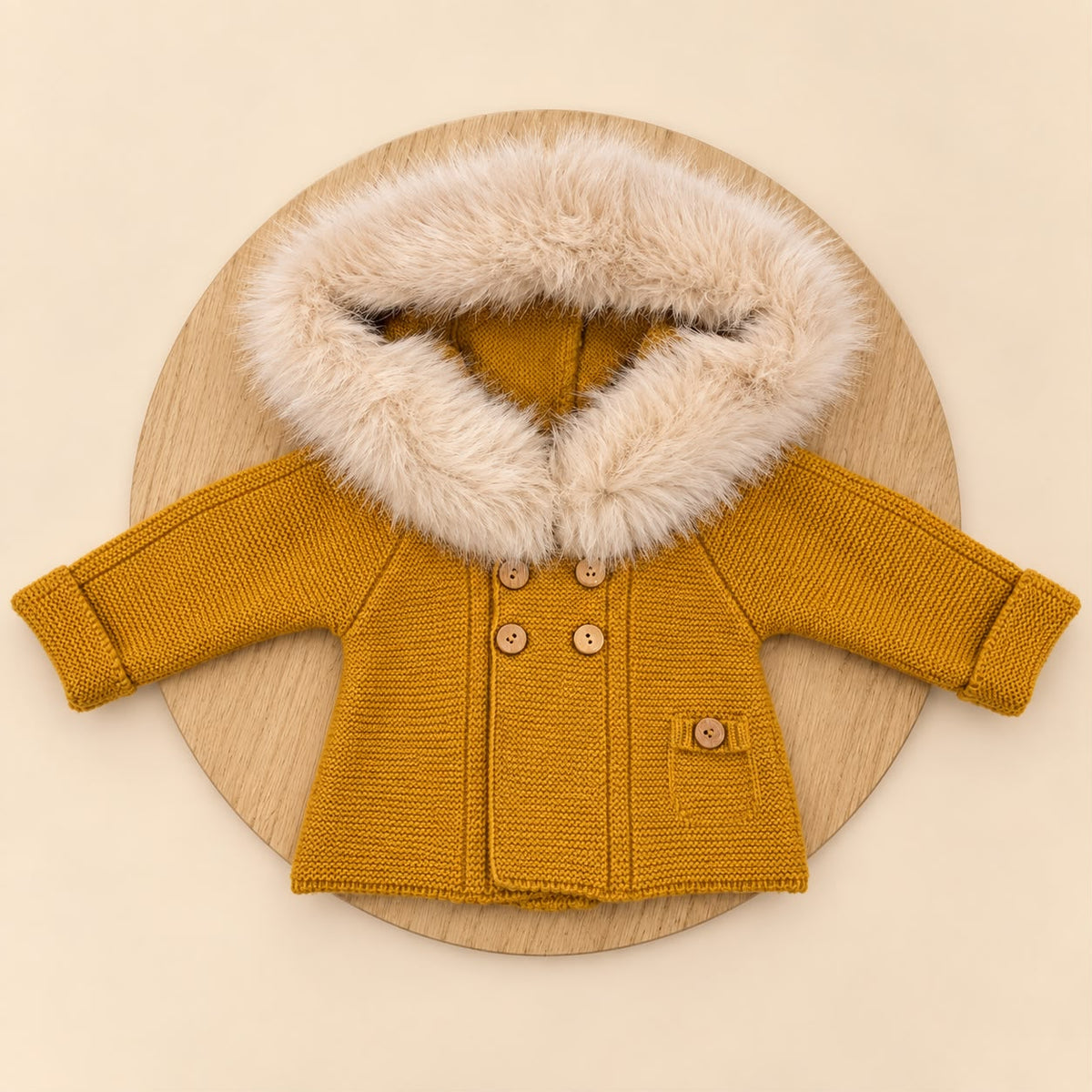 Chaqueta de Lana Acrílica Mostaza con Pelo Sintético Desmontable para Bebé | 1 a 36 Meses