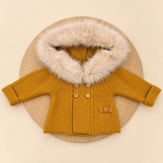 Chaqueta de Lana Acrílica Mostaza con Pelo Sintético Desmontable para Bebé | 1 a 36 Meses
