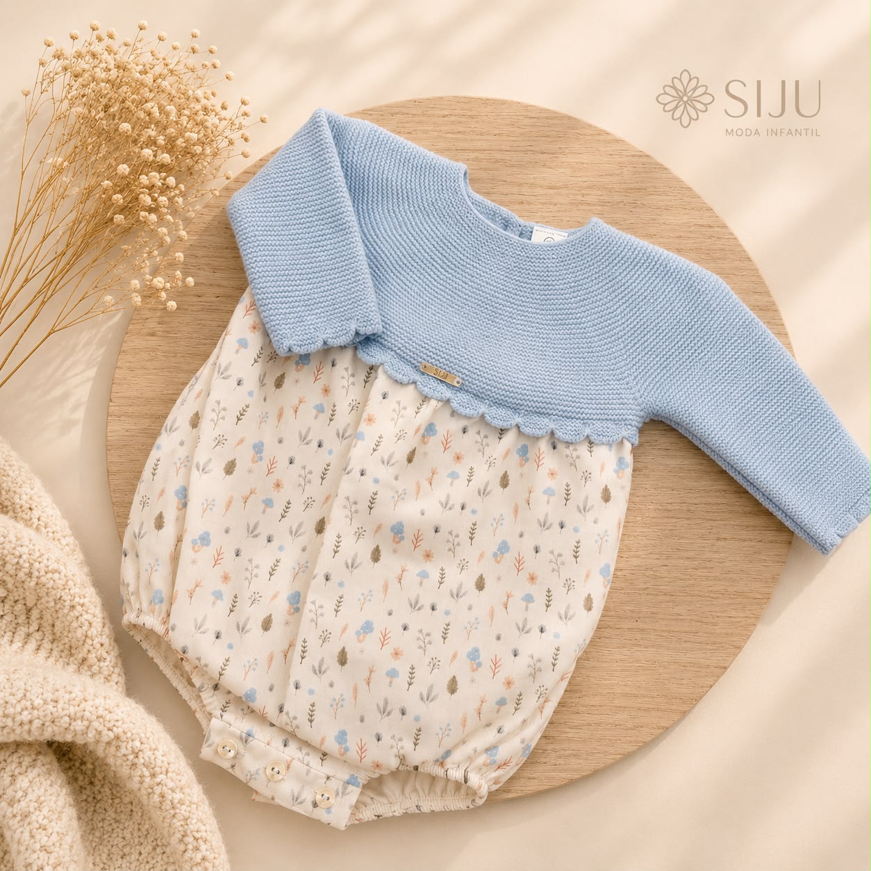 Pelele de Punto y Algodón Estampado Flores Celeste | Siju Moda Infantil