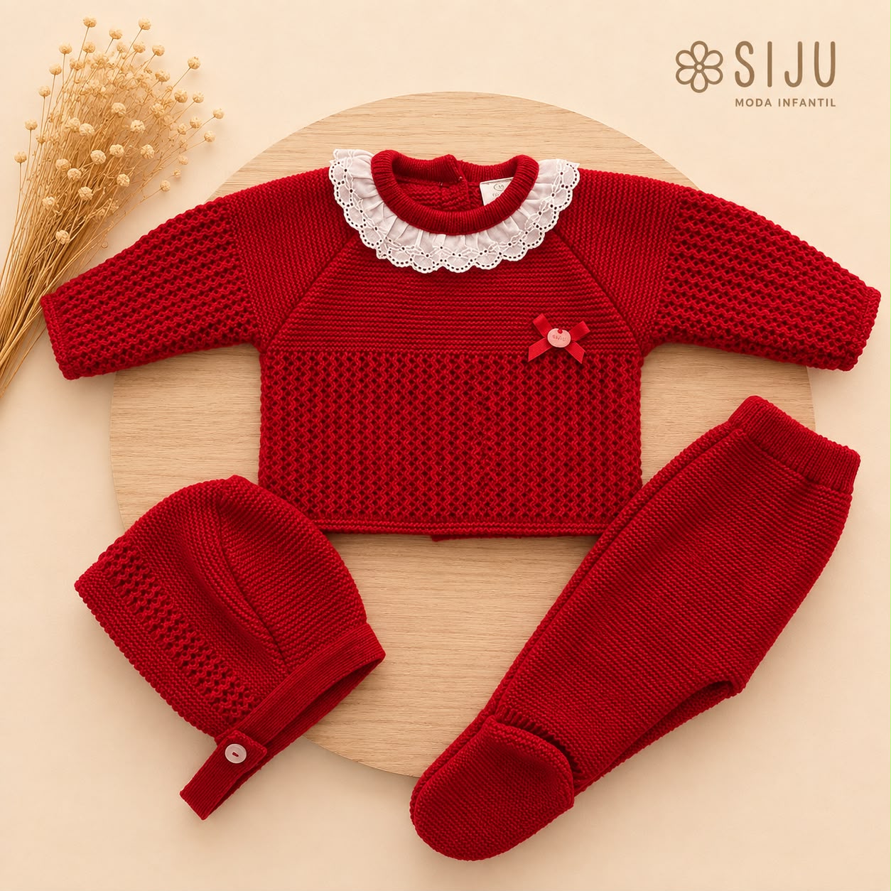 Conjunto de Primera Puesta para Bebé Rojo con Puntilla, Polaina y Capota | Siju Moda Infantil