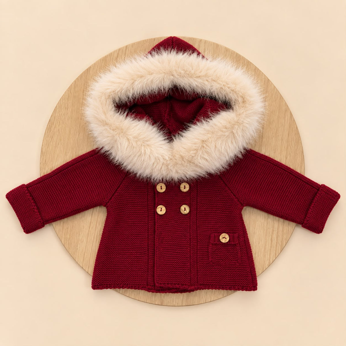 Chaqueta de Lana Acrílica Granate con Pelo Sintético Desmontable para Bebé | 1 a 36 Meses