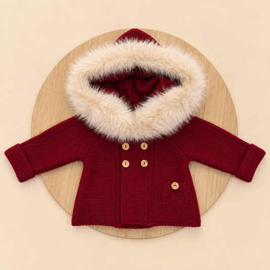 Chaqueta de Lana Acrílica Granate con Pelo Sintético Desmontable para Bebé | 1 a 36 Meses
