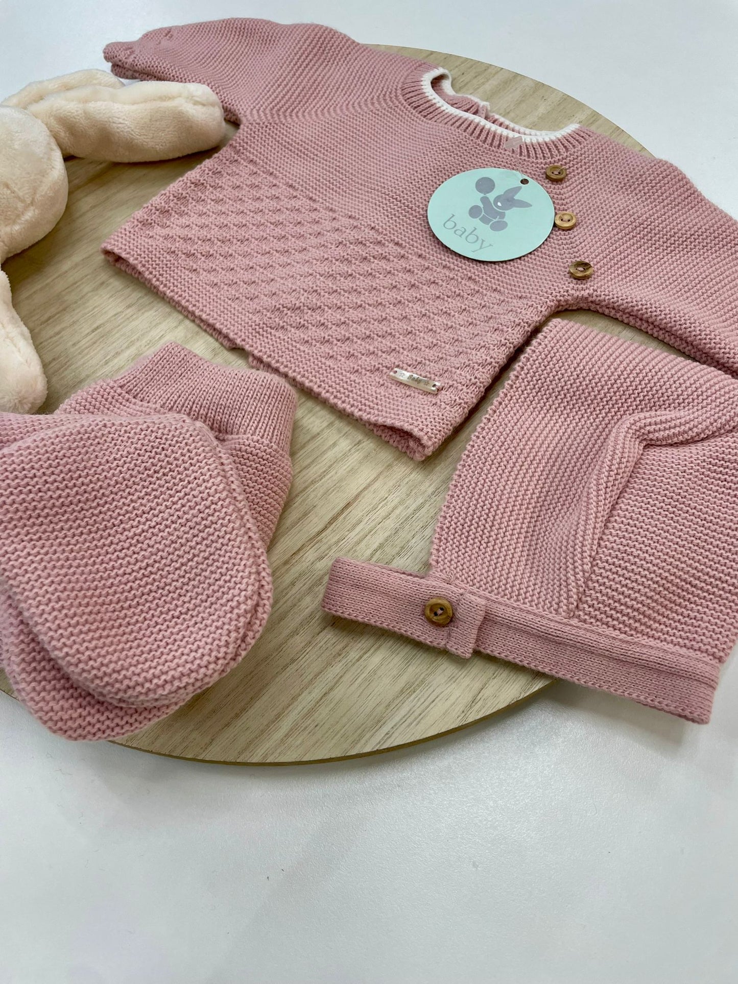 Conjunto Polaina Caricia Rosa Empolvado 3 piezas recién nacido 00-6 meses | Primera puesta bebé