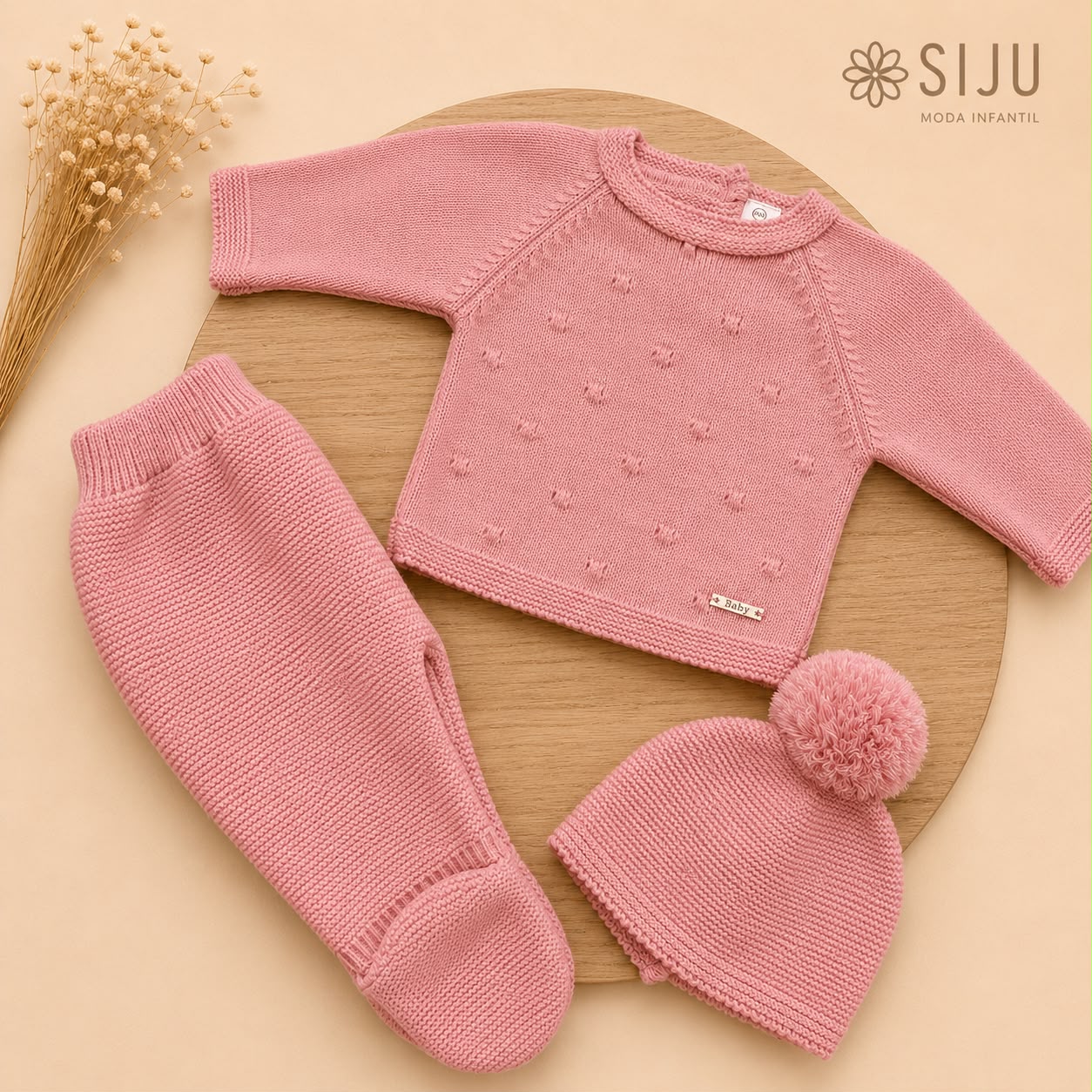 Conjunto de Primera Puesta Rosa Empolvado para Bebé con Gorro y Polaina | Siju Moda Infantil