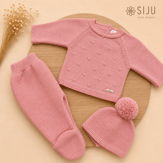 Conjunto de Primera Puesta Rosa Empolvado para Bebé con Gorro y Polaina | Siju Moda Infantil