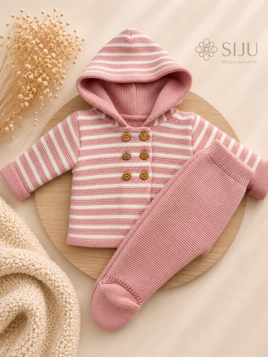 Conjunto de Punto Rayas San Francisco Rosa Empolvado para Bebé con Capucha y Polaina | Siju Moda Infantil