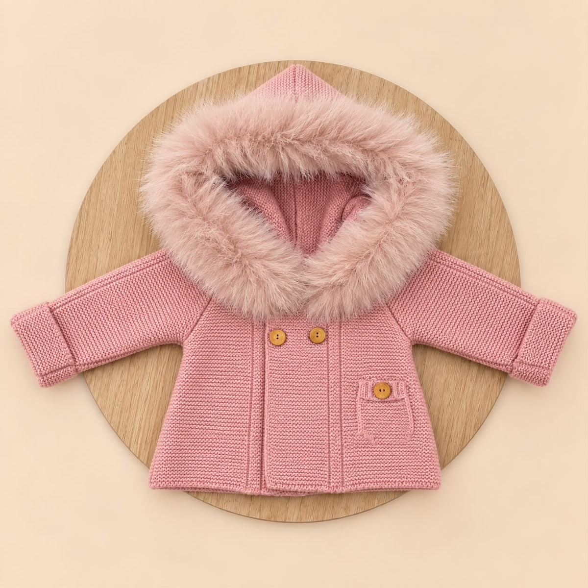 Chaqueta de Lana Acrílica Rosa Empolvado con Pelo Sintético Desmontable para Bebé | 1 a 36 Meses