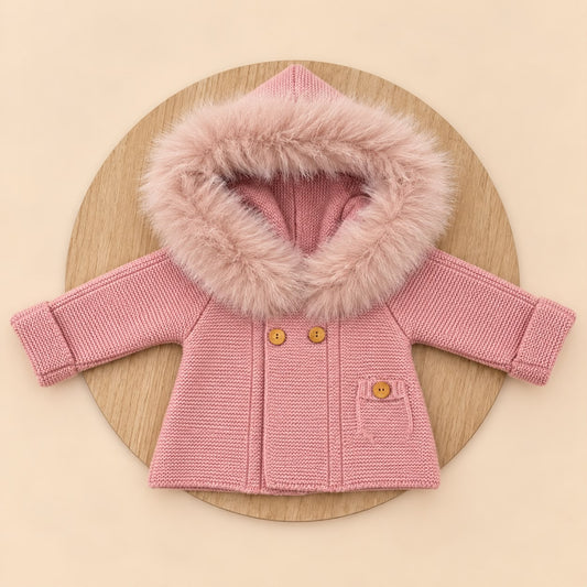 Chaqueta de Lana Acrílica Rosa Empolvado con Pelo Sintético Desmontable para Bebé | 1 a 36 Meses