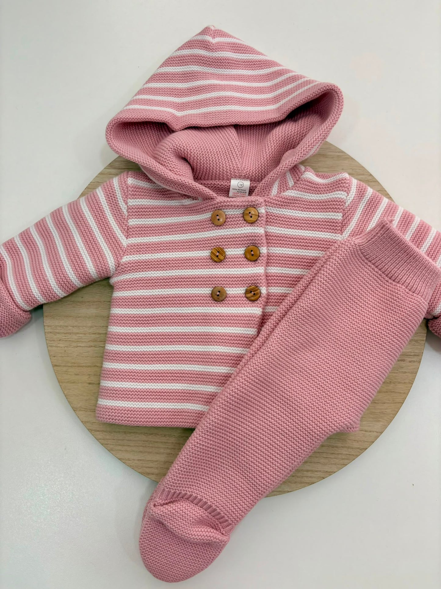 Conjunto de Punto Rayas San Francisco Rosa Empolvado para Bebé con Capucha y Polaina | Siju Moda Infantil