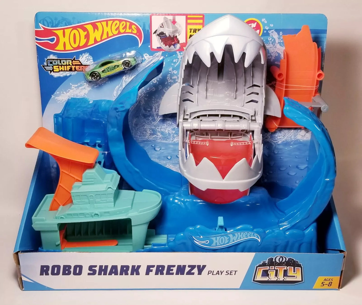 Hot Wheels City Robo Shark Frenzy Juego con Cambiadores de Color Coche de Rescate de Surf NUEVO