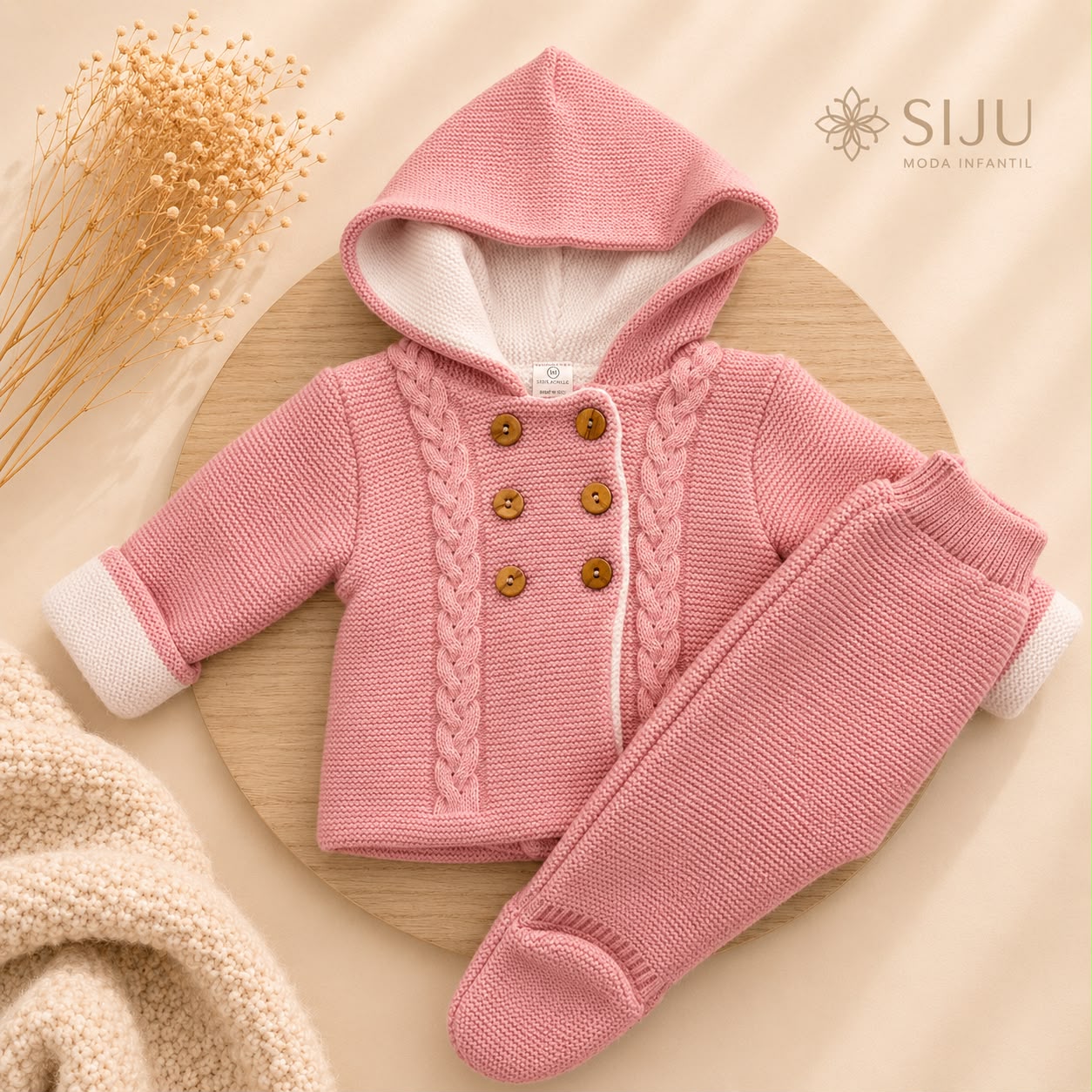 San Francisco de Punto con Capucha y Dibujo de Ochos Rosa Empolvado | Tallas 1 a 12 Meses | Siju Moda Infantil