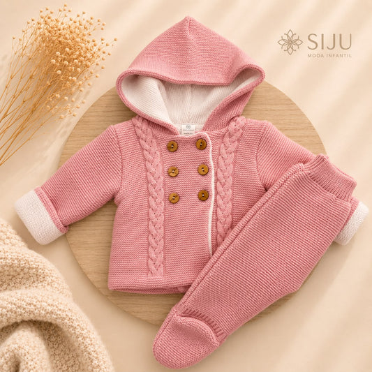 San Francisco de Punto con Capucha y Dibujo de Ochos Rosa Empolvado | Tallas 1 a 12 Meses | Siju Moda Infantil