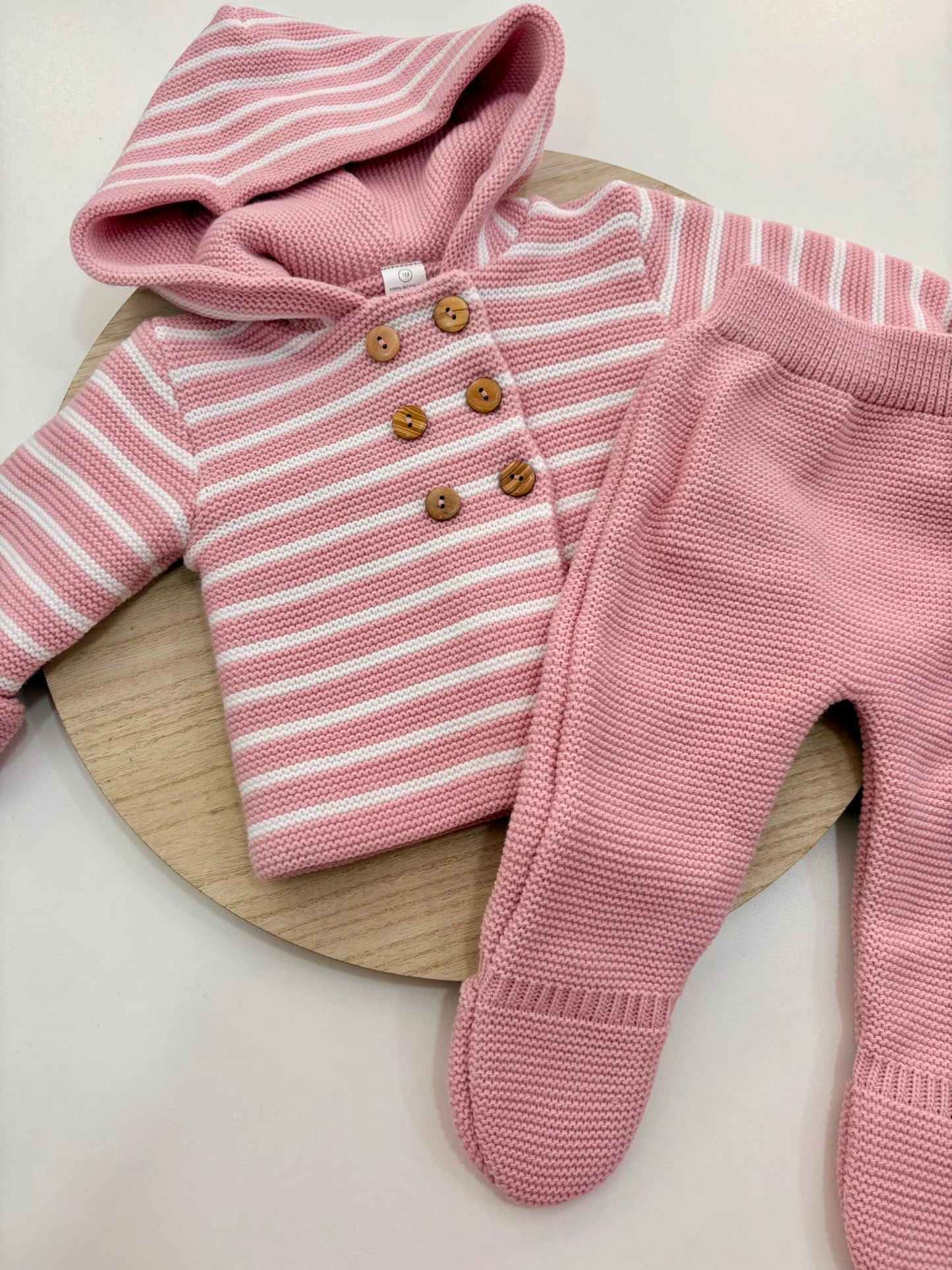 Conjunto de Punto Rayas San Francisco Rosa Empolvado para Bebé con Capucha y Polaina | Siju Moda Infantil