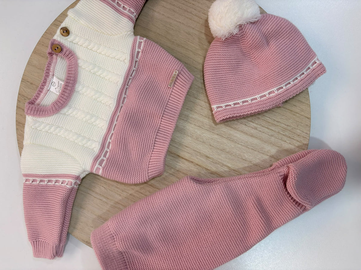 Conjunto de Primera Puesta Bicolor Rosa Empolvado y Marfil para Bebé | 00 a 6 Meses