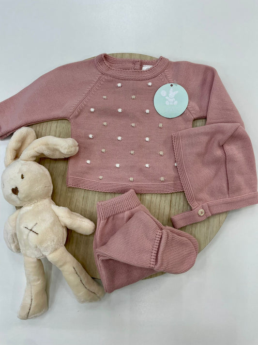 Conjunto Polaina Topitos Rosa Empolvado 3 piezas recién nacido 00-6 meses | Primera puesta bebé