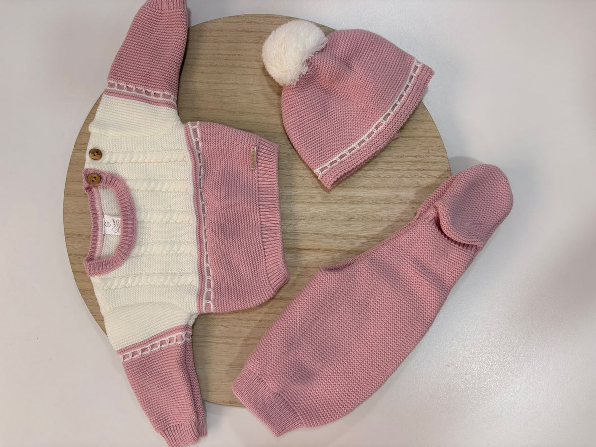 Conjunto de Primera Puesta Bicolor Rosa Empolvado y Marfil para Bebé | 00 a 6 Meses