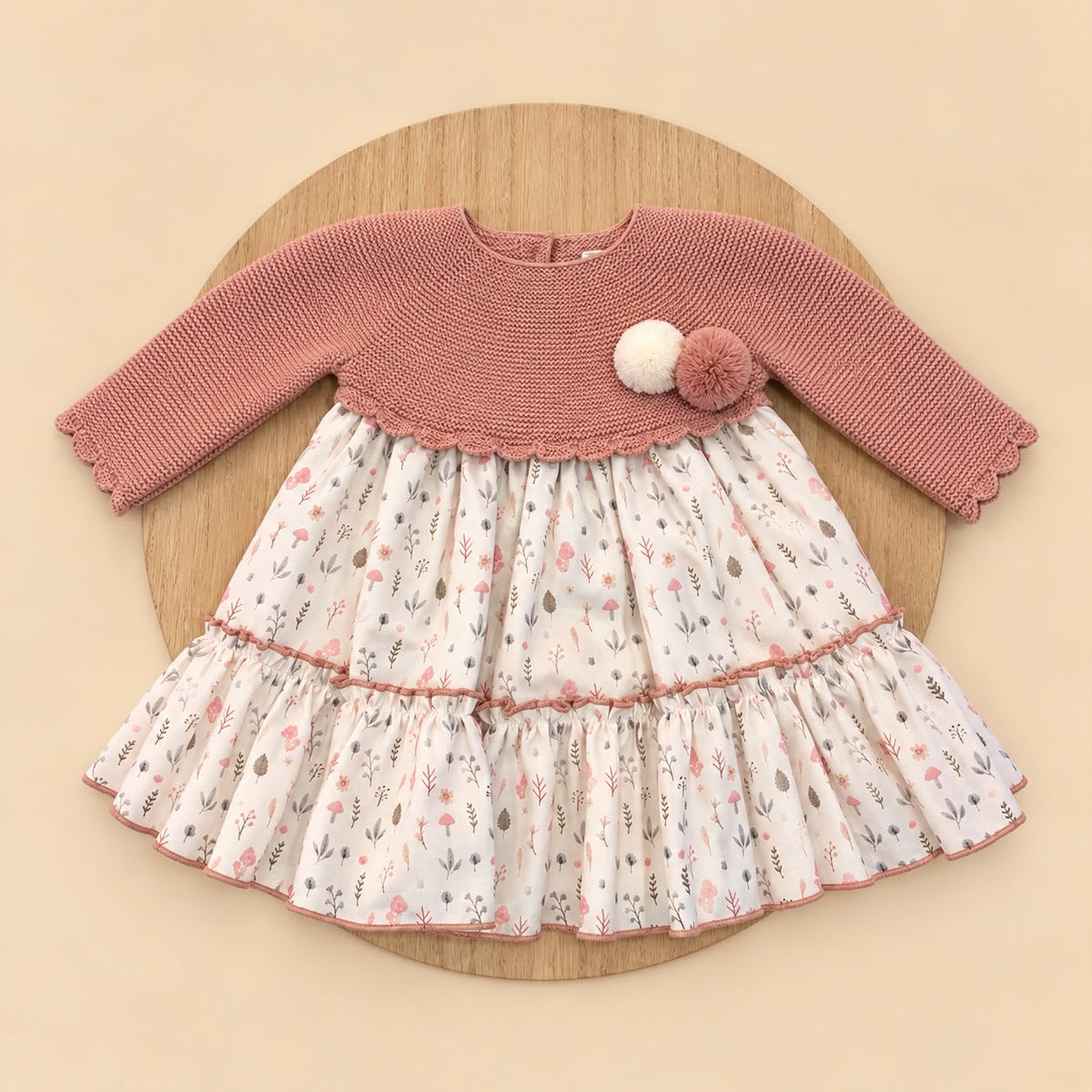 Vestido de Bebé Rosa Empolvado con Cuerpo de Punto y Falda Estampada | 1 a 24 Meses