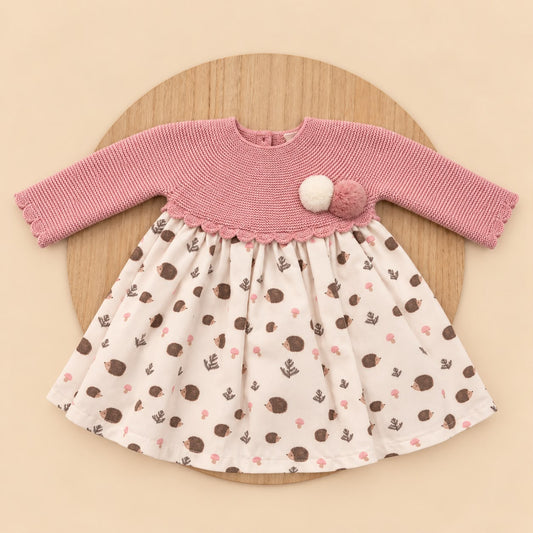 Vestido de Bebé Rosa Empolvado con Punto y Estampado de Erizos | 1 a 24 Meses