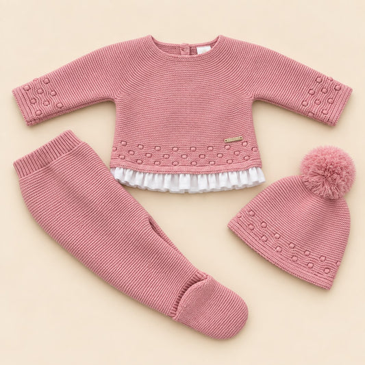 Conjunto de Primera Puesta Puntilla Rosa Empolvado para Bebé | 00 a 6 Meses