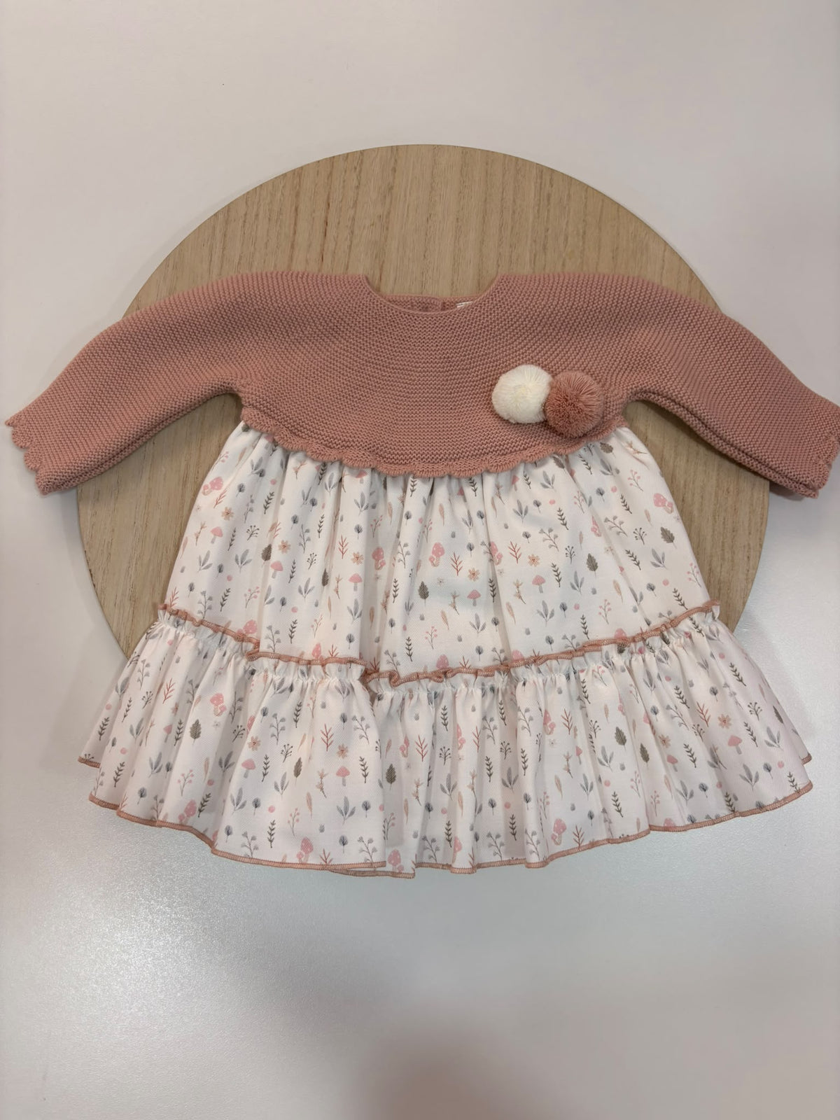 Vestido de Bebé Rosa Empolvado con Cuerpo de Punto y Falda Estampada | 1 a 24 Meses
