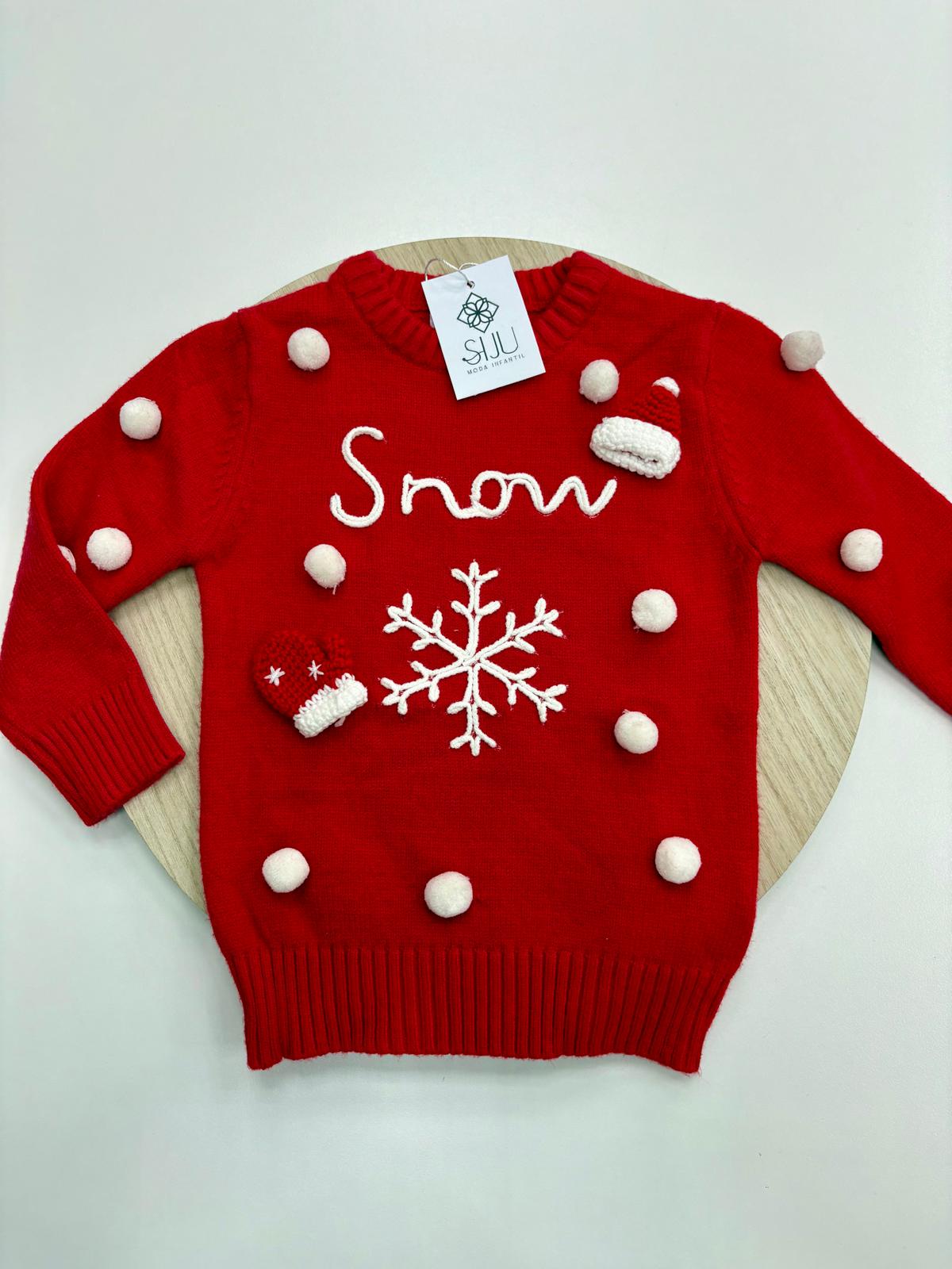 Jersey infantil 2-14 años rojo ❄️ “SNOW” con copos y decoración 3D – Navidad divertida y mágica